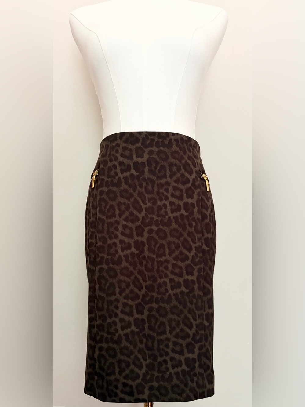 Michael Kors Leopard-Print Pencil Skirt with Gold Zippers - Brown/Black/Olive
